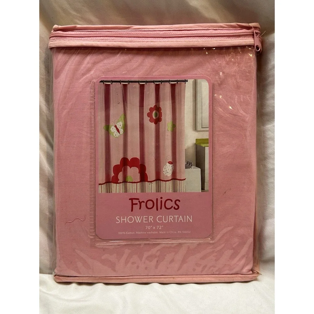 VTG Y2K Frolics Pink Shower Curtain New Butterfly Ladybug Dots Flowers Stripes